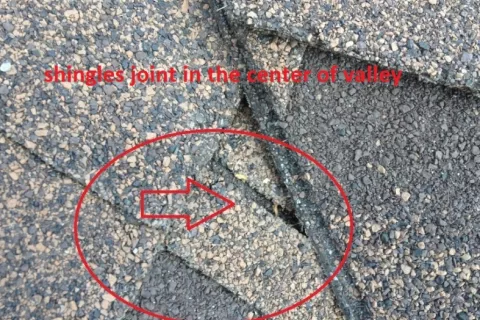 Do not join shingles in the center of the valley!